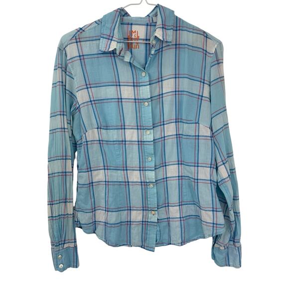 J McLaughlin Button Up Shirt Size 4 Blue Plaid Cotton Long Sleeve Classic - Picture 1 of 9